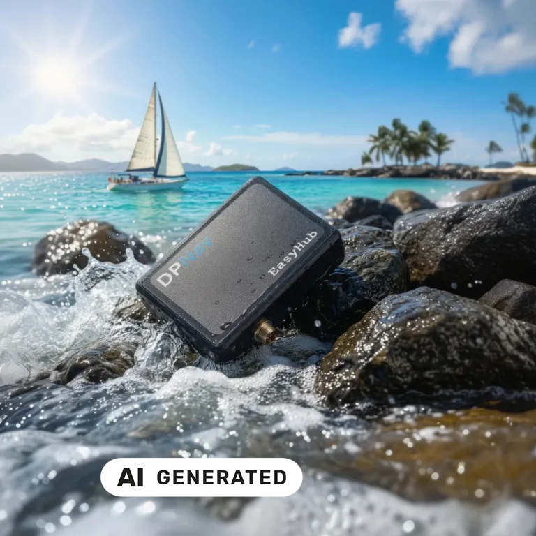 Bild zeigt EasyHub angespült, im Hintergrund ein Segelboot (KI generiertes Bild)